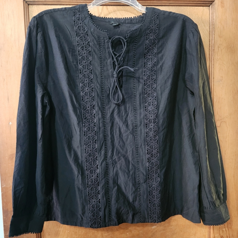 NWOT Ann Taylor Embroidered Lace-Up Cotton Blend Popover, XL